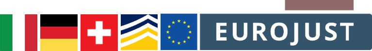 Flags of italy, germany and switzerland, logos of europol and eurojust